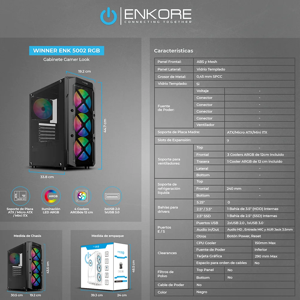 Case Gamer Enkore Winner ENK 5002 RGB con 4 Ventiladores ARGB Color Negro