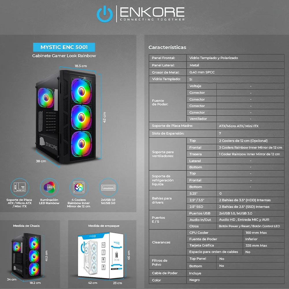 Case Gamer Enkore Mystic Mirror Rainbow ENC 5001 con 4 Ventiladores Color Negro