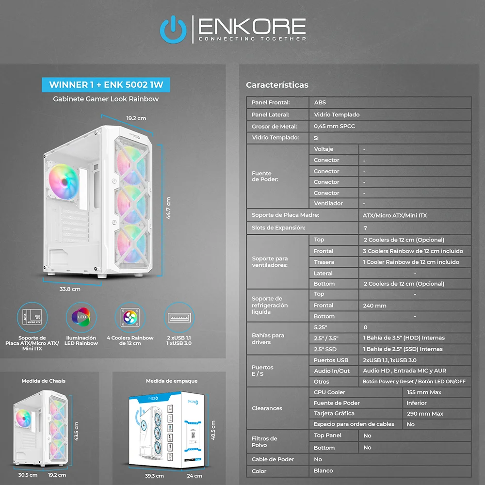 Case Gamer Enkore Winner 1 Rainbow ENK 5002-1W con 4 Ventiladores Color Blanco