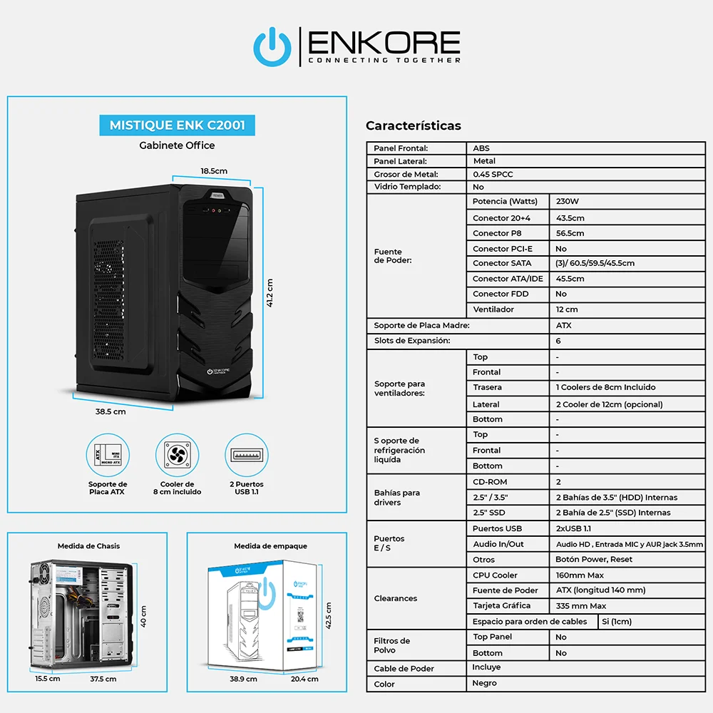 Case Gamer Enkore Mistique HD Audio ENK C2001 con Fuente de Poder 230W Color Negro