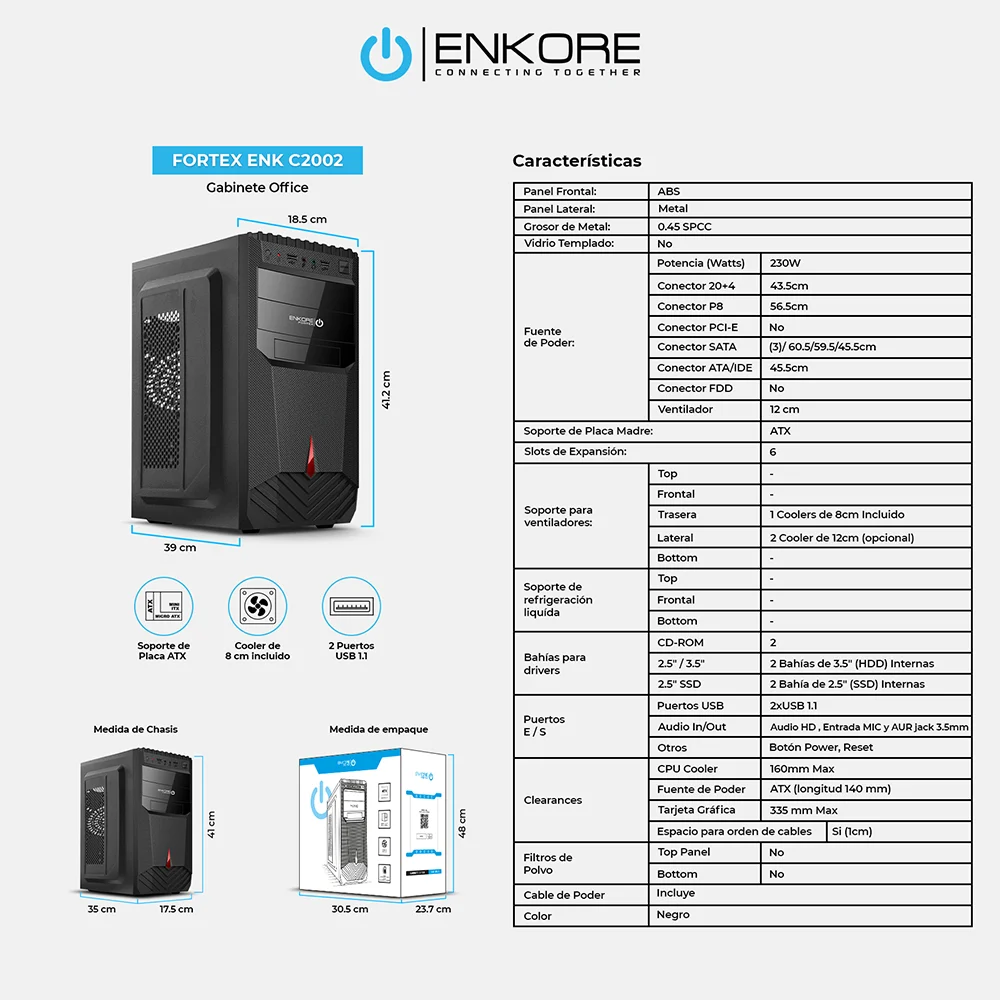 Case Gamer Enkore Fortex HD Audio ENK C2002 con Fuente de Poder 230W Color Negro