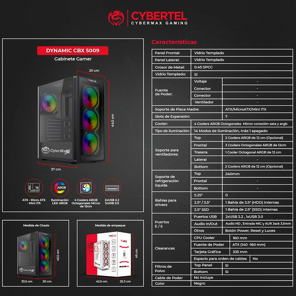 Case Gamer Cybertel Dynamic 4Fan CBX5009 - ARGB Iluminación LED