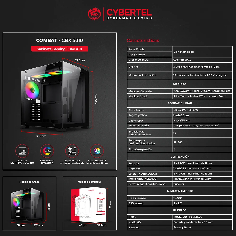 Case Gamer Cybertel Combat 3Fan CBX5010 - ARGB Iluminación LED