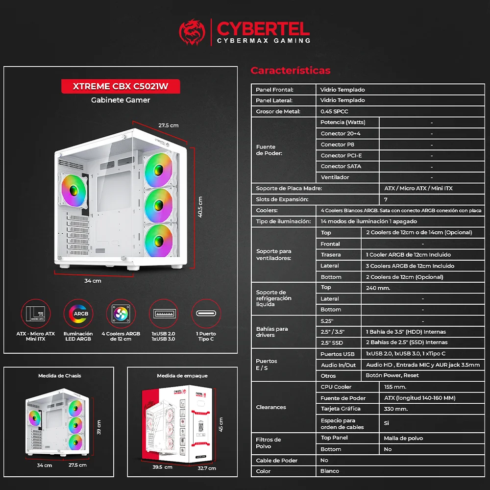 Case Gamer Cybertel Xtreme CBX C5021W - White 4Fan ARGB Iluminación LED