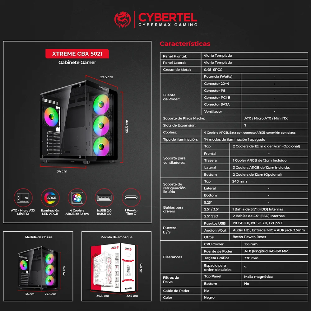 Case Gamer Cybertel Xtreme CBX C5021 - Black 4Fan ARGB Iluminación LED