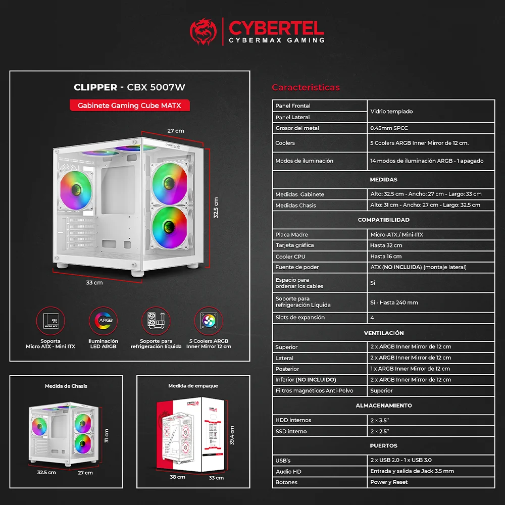 Case Gamer Cybertel Clipper CBX5007W - White 5Fan ARGB Iluminación LED