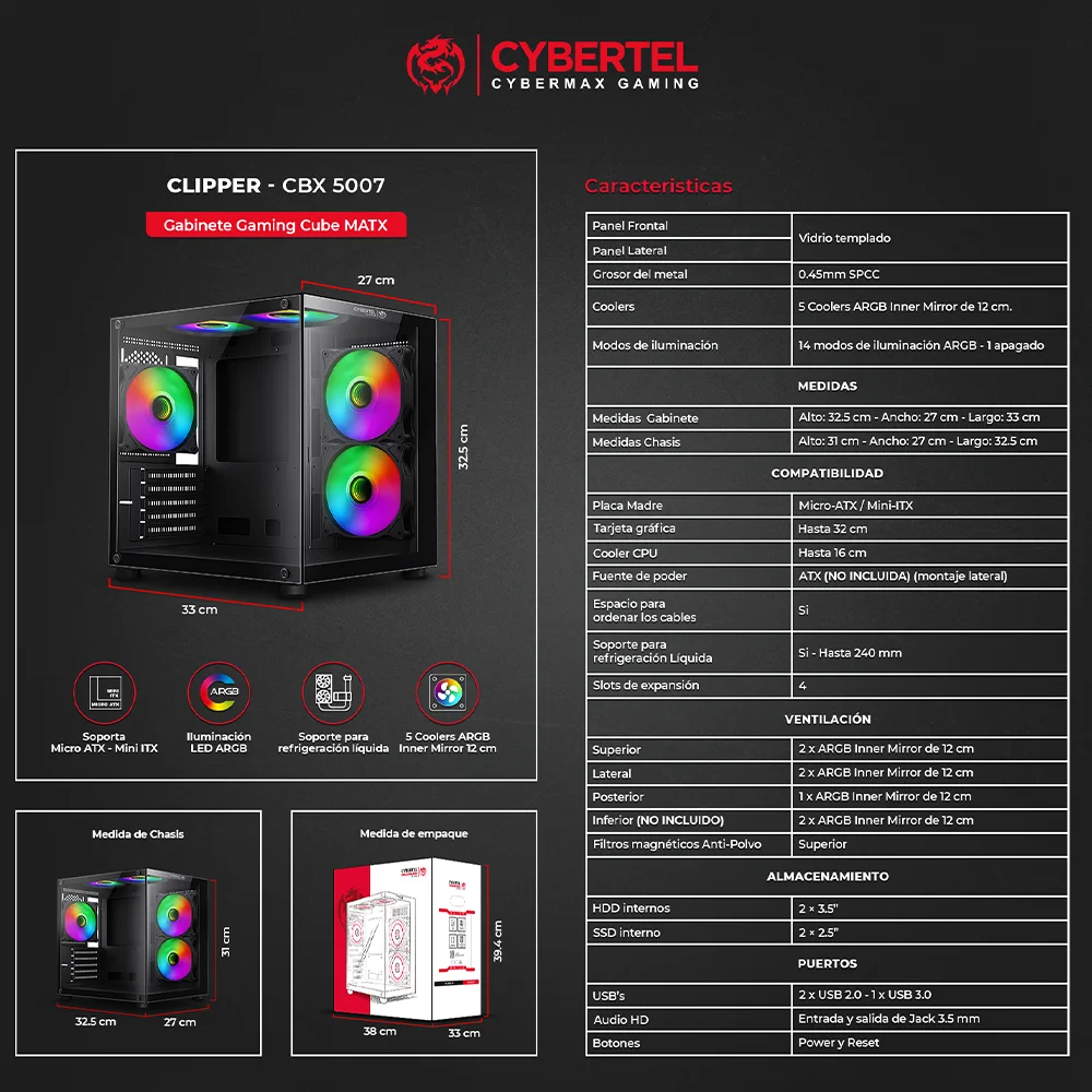 Case Gamer Cybertel Clipper CBX5007 - Black 5Fan ARGB Iluminación LED