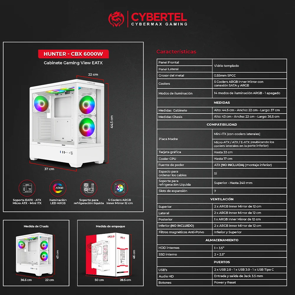 Case Gamer Cybertel Hunter CBX6000W - White 5 Fans ARGB