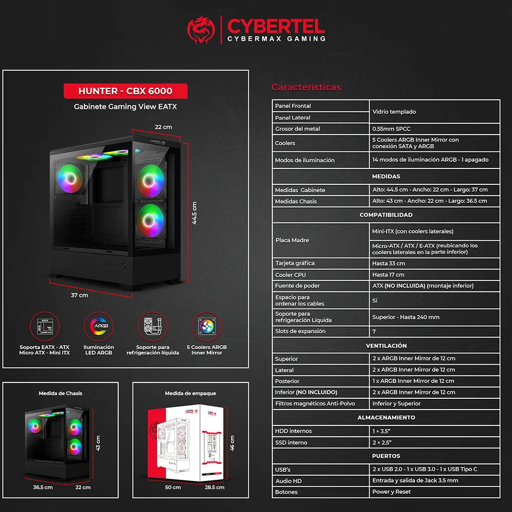 Case Gamer Cybertel Hunter CBX6000 - Black 5 Fans ARGB