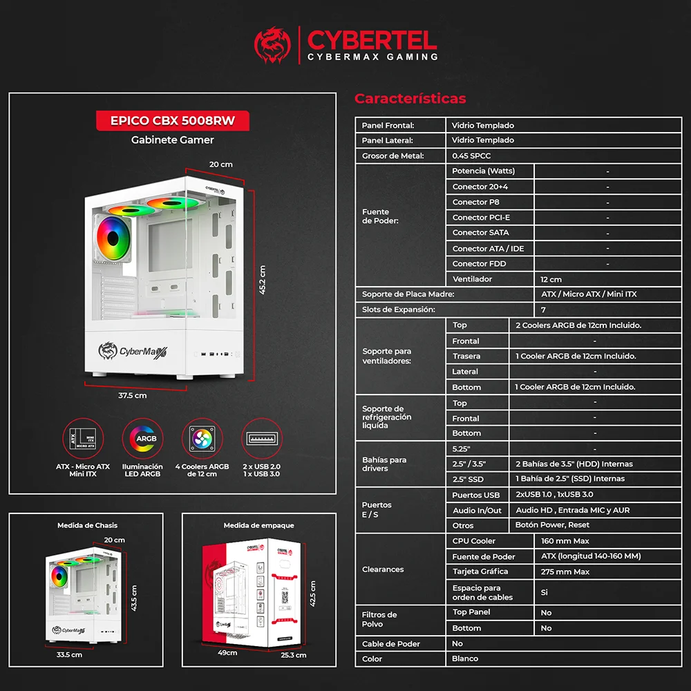 Case Gamer Cybertel Epico CBX5008RW - White 4 Fans ARGB