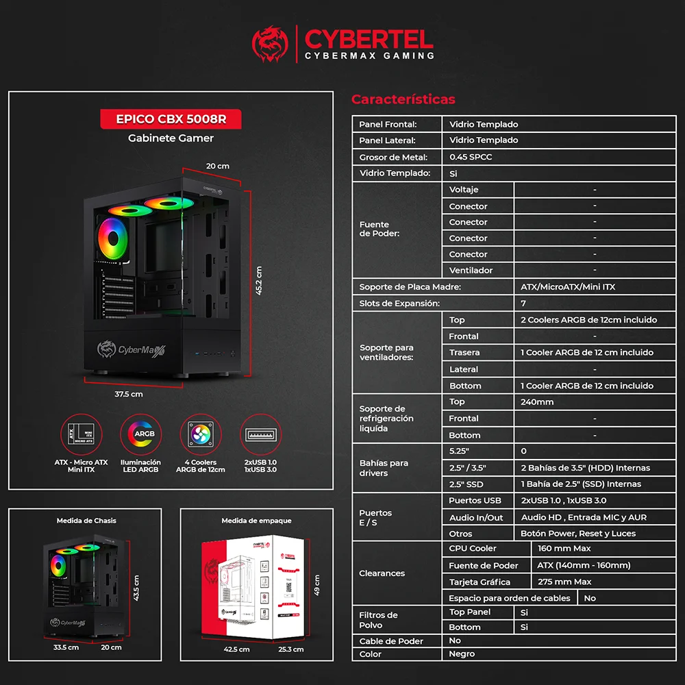 Case Gamer Cybertel Epico CBX5008R - Black 4 Fans ARGB