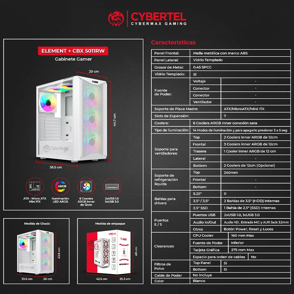 Case Gamer Cybertel Element+ CBX5011RW - 6 Fans ARGB White