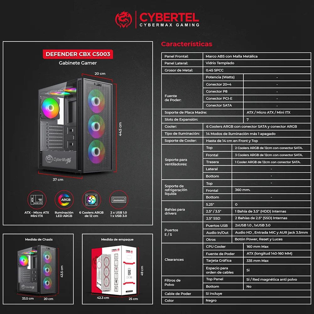 Case Gamer Cybertel Defender CBX C5003 - 6 Fans ARGB Vidrio Templado