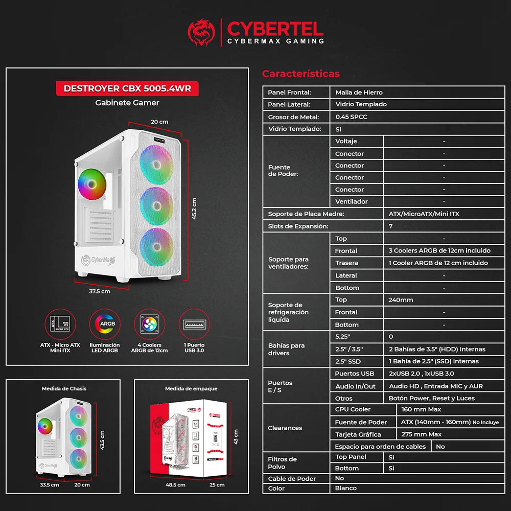 Case Gamer Cybertel Destroyer CBX5005.4WR - White 4 Fans ARGB
