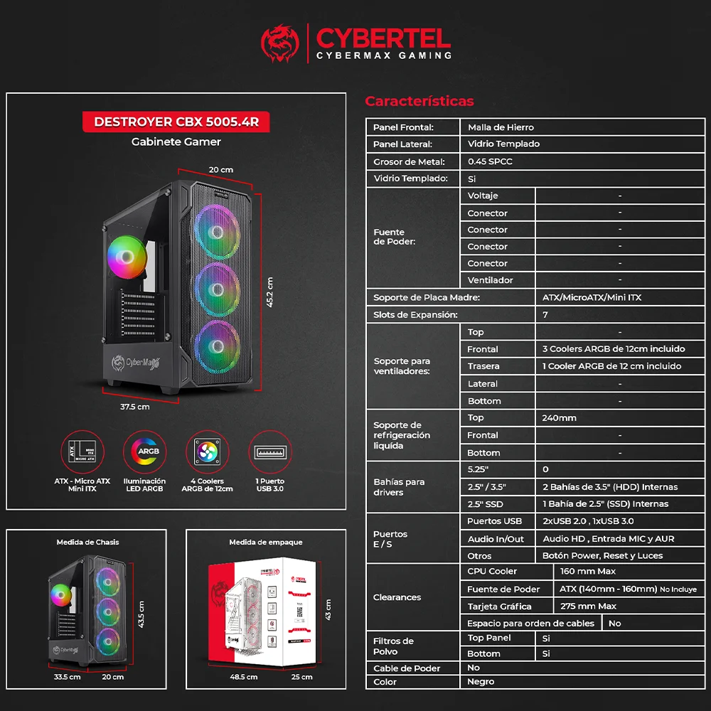 Case Gamer Cybertel Destroyer CBX5005.4R - Black 4 Fans ARGB