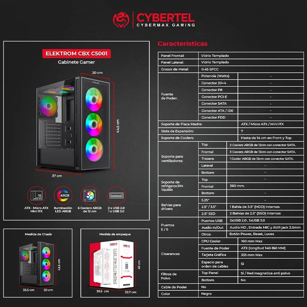 Case Gamer Cybertel Elektrom CBX C5001 - 6 Fans ARGB Vidrio Templado