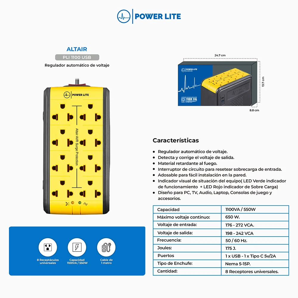 Estabilizador de Voltaje AVR Power Lite PLI1100 Altair AVR 1100VA/550W 8 Salidas