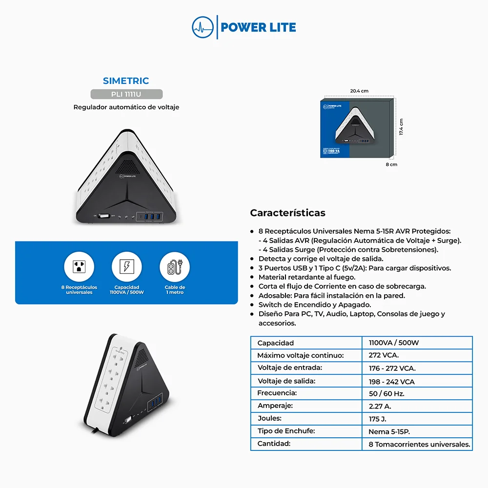 Estabilizador de Voltaje AVR Power Lite PLI1111U Simetric AVR 1100VA/500W 8 Salidas 3USB 1Tipo-C