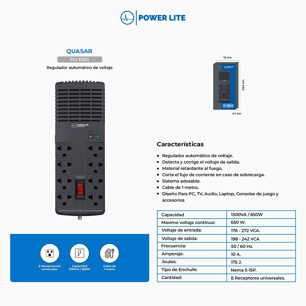 Estabilizador de Voltaje AVR Power Lite PLI1300 Quasar AVR 1300VA/650W 8 Salidas
