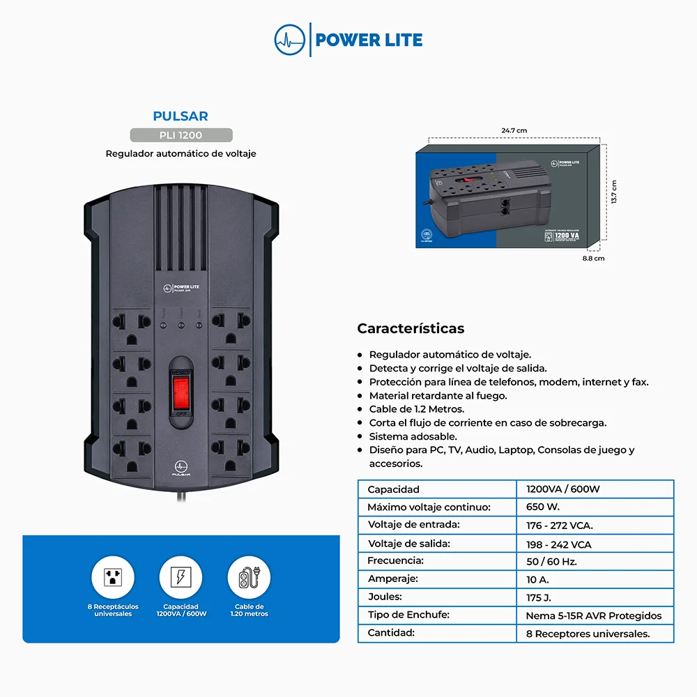 Estabilizador de Voltaje AVR Power Lite PLI1200 Pulsar AVR 1200VA/600W 8 Salidas 4AVR+4Protect
