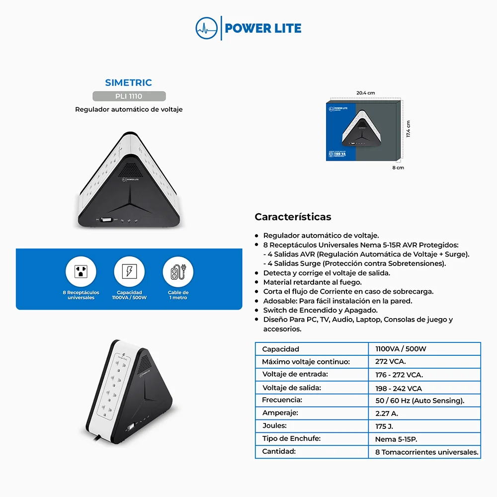 Estabilizador de Voltaje AVR Power Lite PLI1110 Estabilizador de Voltaje Simetric 1100VA 500W 8 Salidas