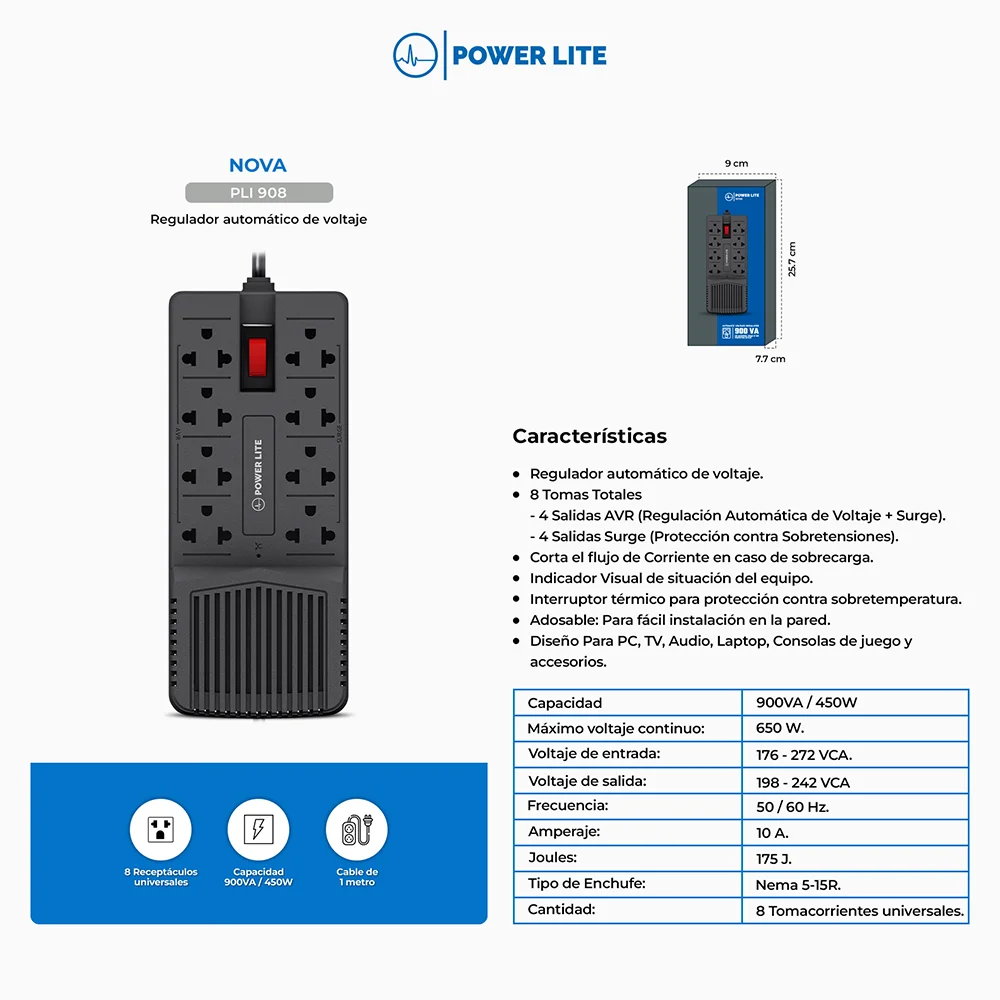 Estabilizador de Voltaje AVR Power Lite PLI908 Estabilizador de Voltaje Nova 900VA 450W 8 Salidas