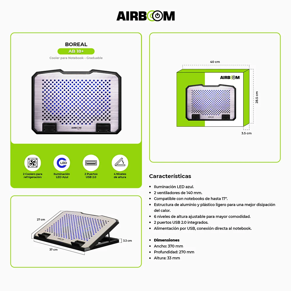 Base Refrigerante para Laptop Airboom Boreal+ AB 18+ - 2 Fans 14cm LED Azul