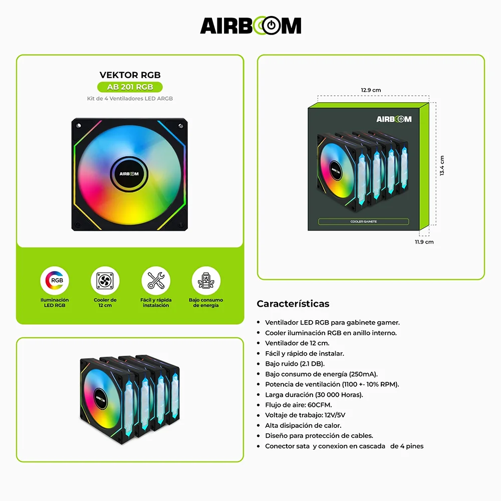 Cooler para Case Airboom Kit AB201 - 4 Ventiladores ARGB Vektor + Control Remoto
