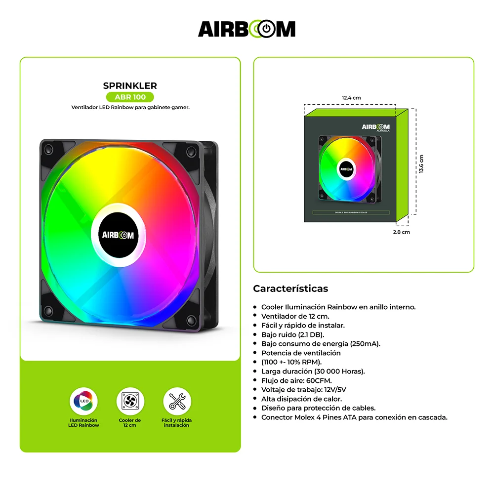 Cooler para Case Airboom Rainbow 12cm ABR100 - Molex Silencioso