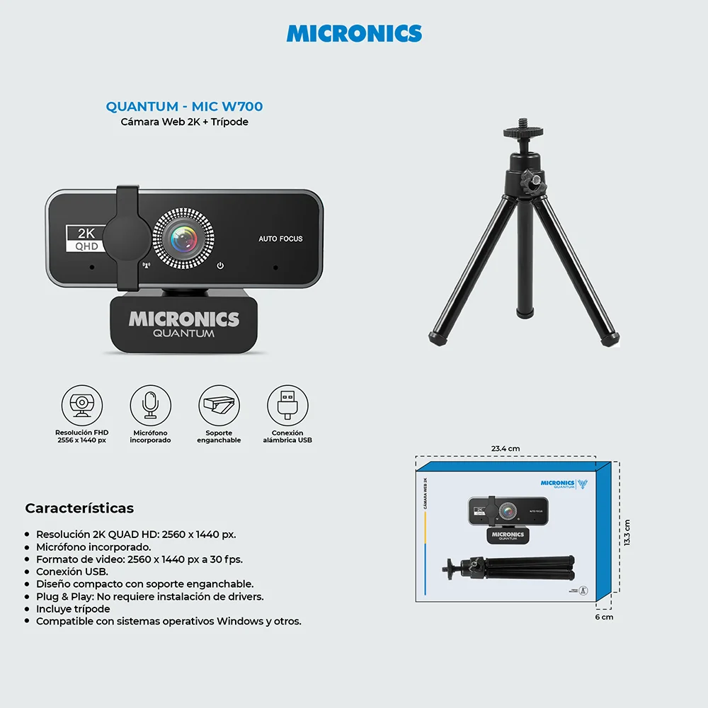 Cámara Web HD Micronics Quantum + Trípode 1440QHD Cámara Web Lente 2P2G MIC W700