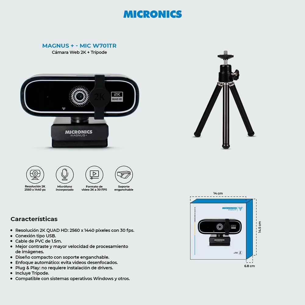 Cámara Web HD Micronics Magnus + Trípode 1440QHD Cámara Web Lente 2P2G (Con Trípode) MIC W701TR