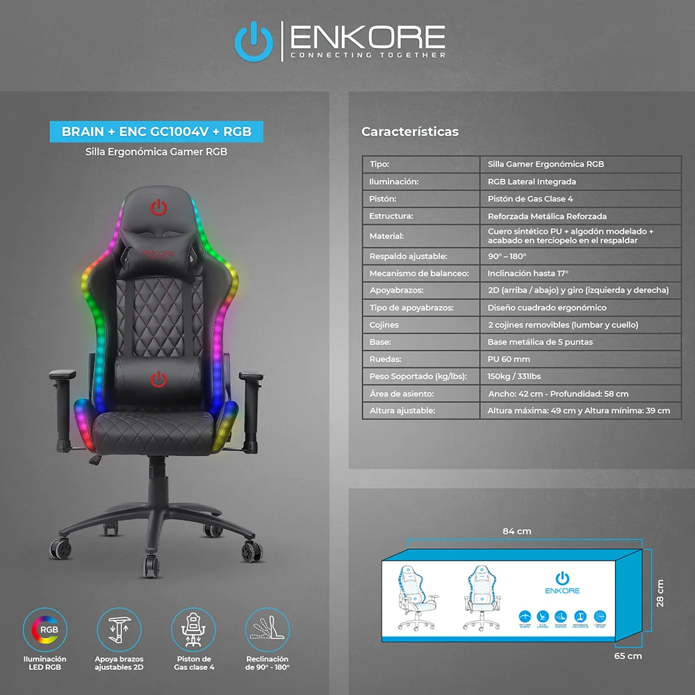 Silla Gamer Ergonómica Enkore Brain+ Red Silla Gamer 2D + RGB ENC GC1004V+RGB Color Rojo