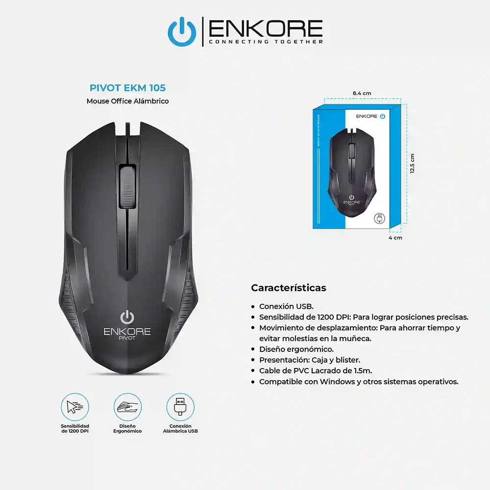 Mouse Óptico USB Enkore Pivot Blister EKM105 con Conexión USB