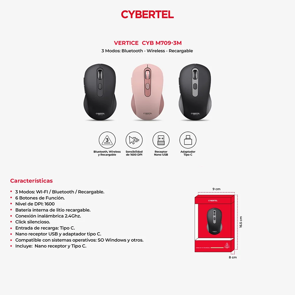 Mouse Inalámbrico Bluetooth Cybertel Vertice M709 Gris: Recargable