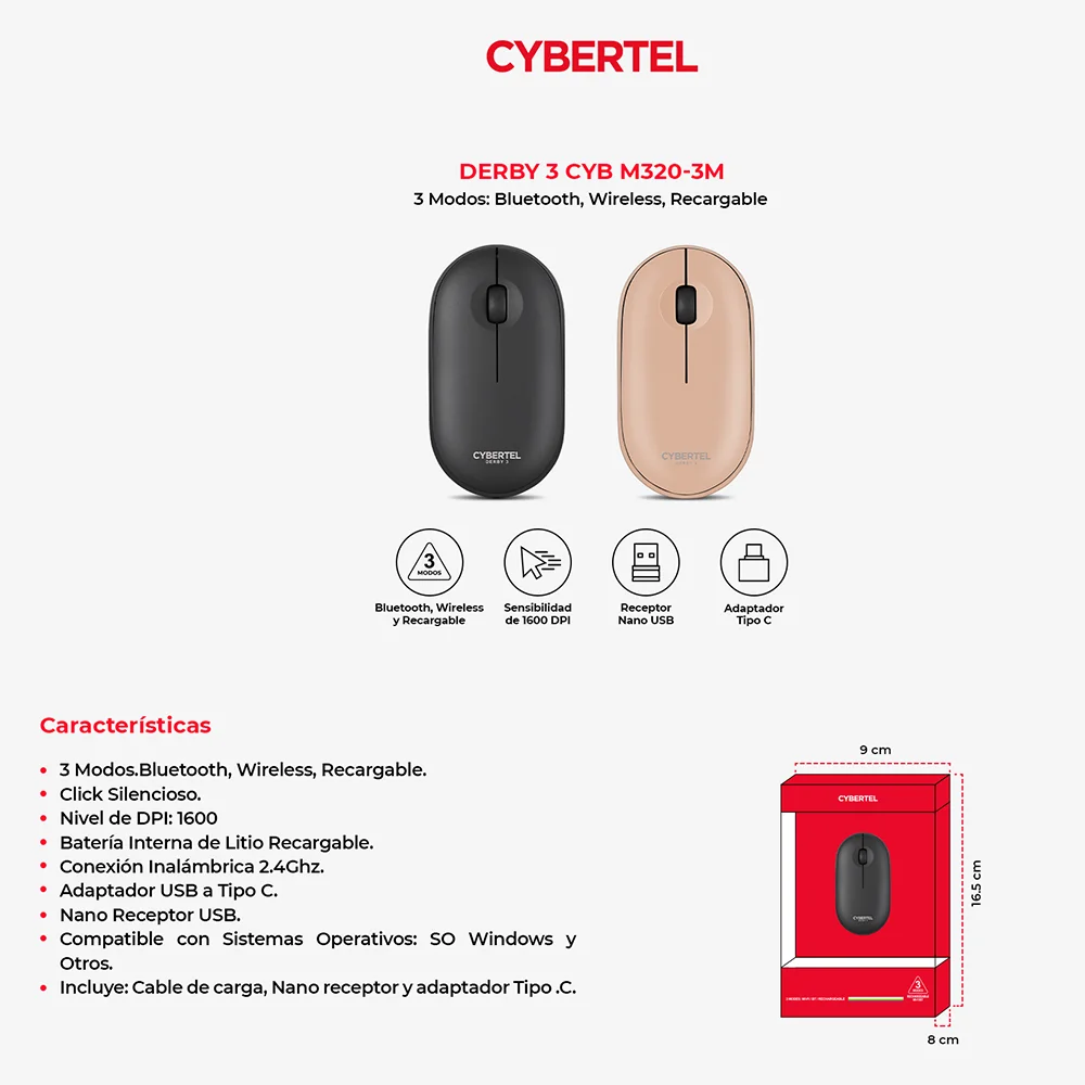 Mouse Inalámbrico Bluetooth Cybertel Derby M320 Negro: Recargable