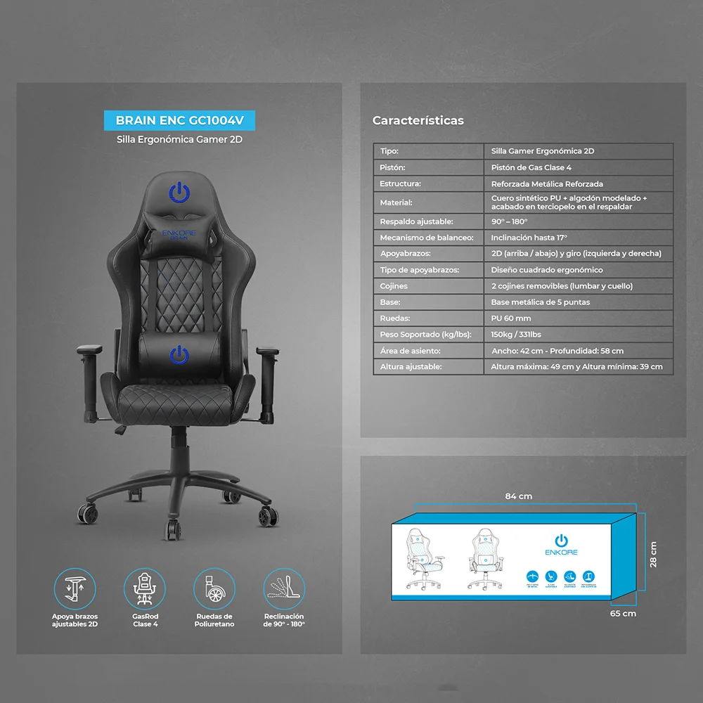 Silla Gamer Ergonómica Enkore Brain Red Silla Gamer 2D (Terciopelo) ENC GC1004V
