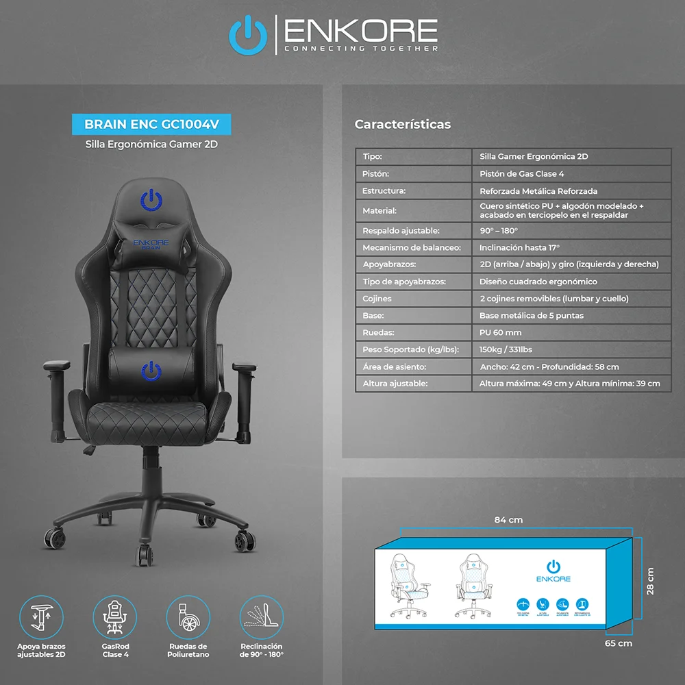 Silla Gamer Ergonómica Enkore Brain Blue Silla Gamer 2D (Terciopelo) ENC GC1004V