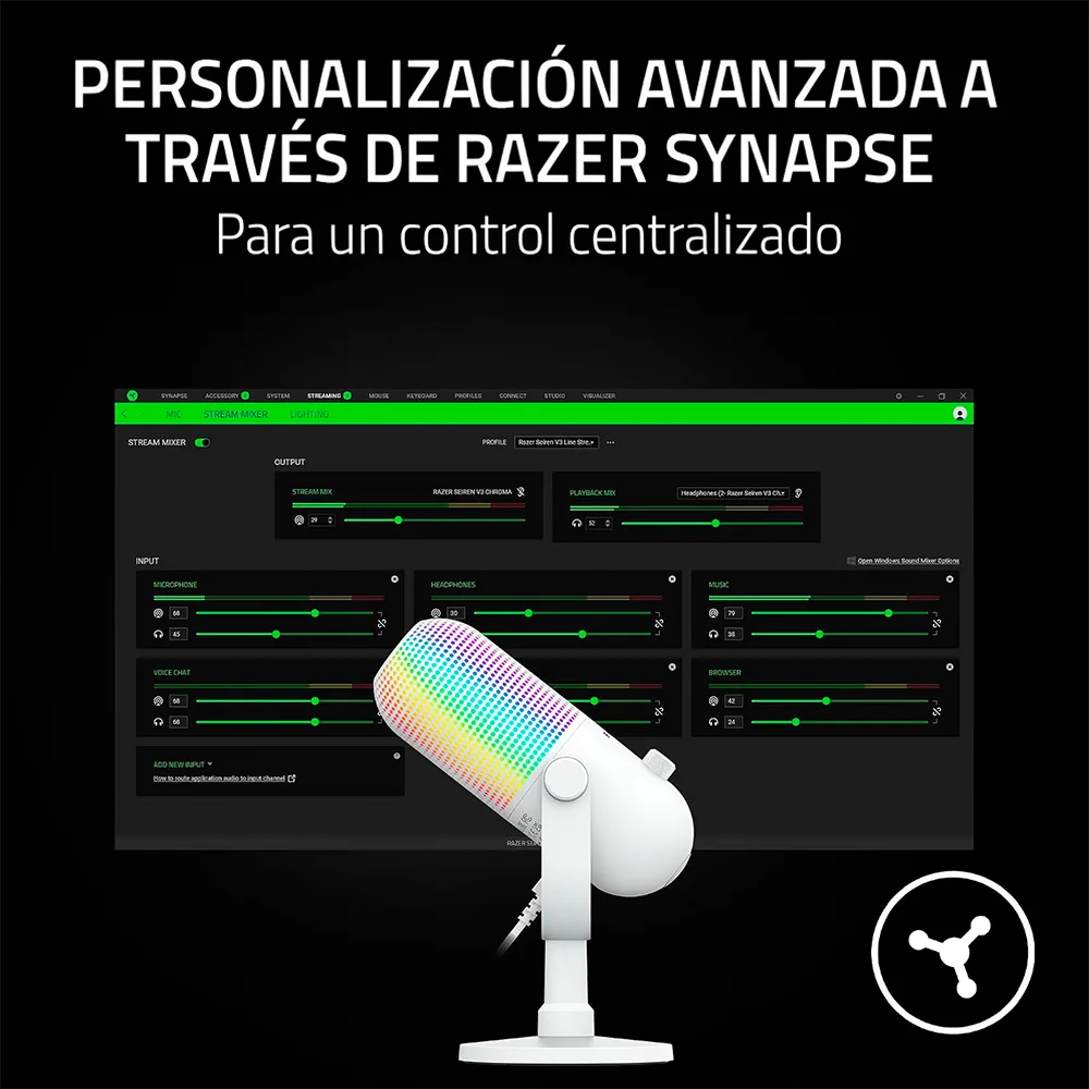 Micrófono USB Razer Seiren V3 Chroma White, condensador supercardioide RGB | RZ19-05060200-R3U1