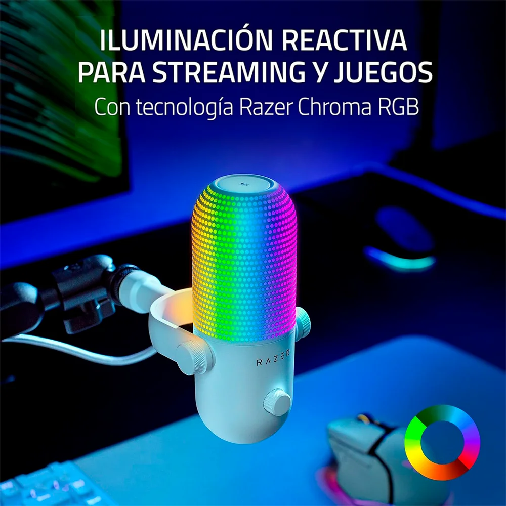 Micrófono USB Razer Seiren V3 Chroma White, condensador supercardioide RGB | RZ19-05060200-R3U1