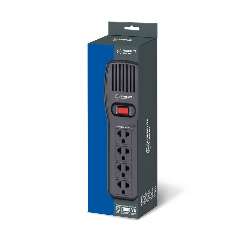 Estabilizador AVR Power Lite Orion PLI 1001 de 1000 VA y 500 W con 4 tomas protegidas y RJ45/RJ11