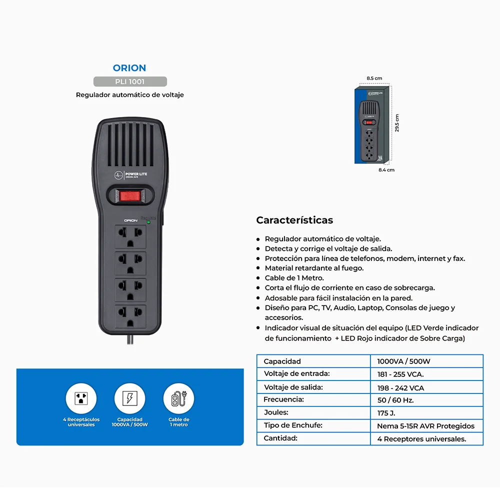 Estabilizador AVR Power Lite Orion PLI 1001 de 1000 VA y 500 W con 4 tomas protegidas y RJ45/RJ11
