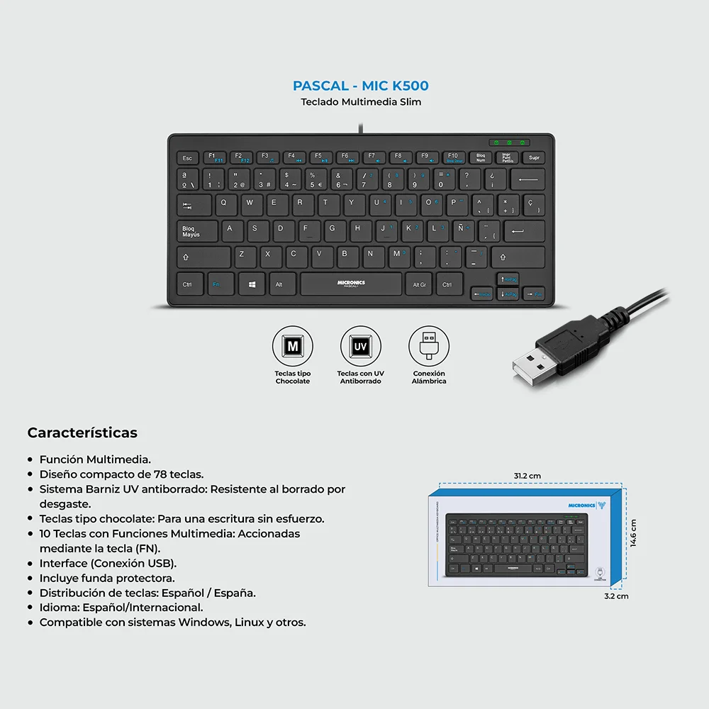 Teclado multimedia compacto Micronics Pascal MIC K500 USB, español y funda protectora