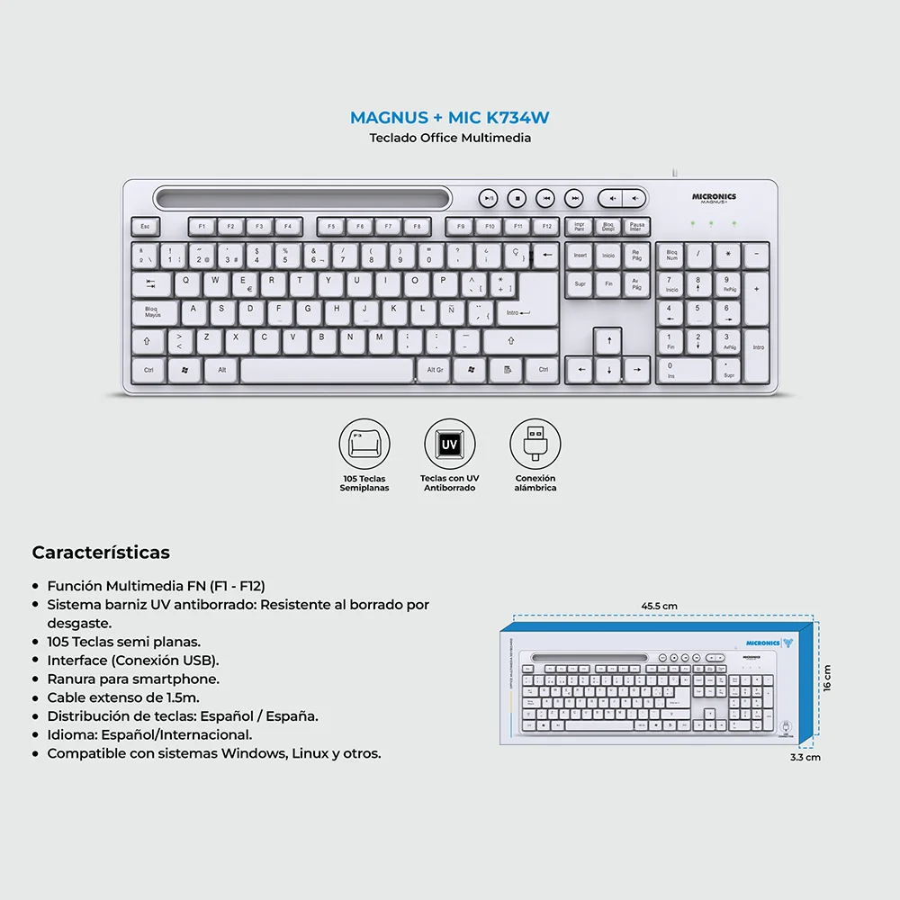 Teclado multimedia Micronics Magnus+ MIC K734W USB