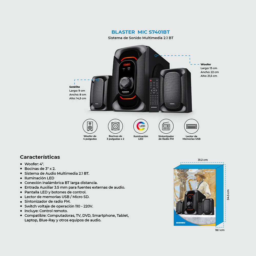 Sistema de audio 2.1 Micronics Blaster MIC S7401BT con Bluetooth, woofer de 4", USB, microSD y radio FM