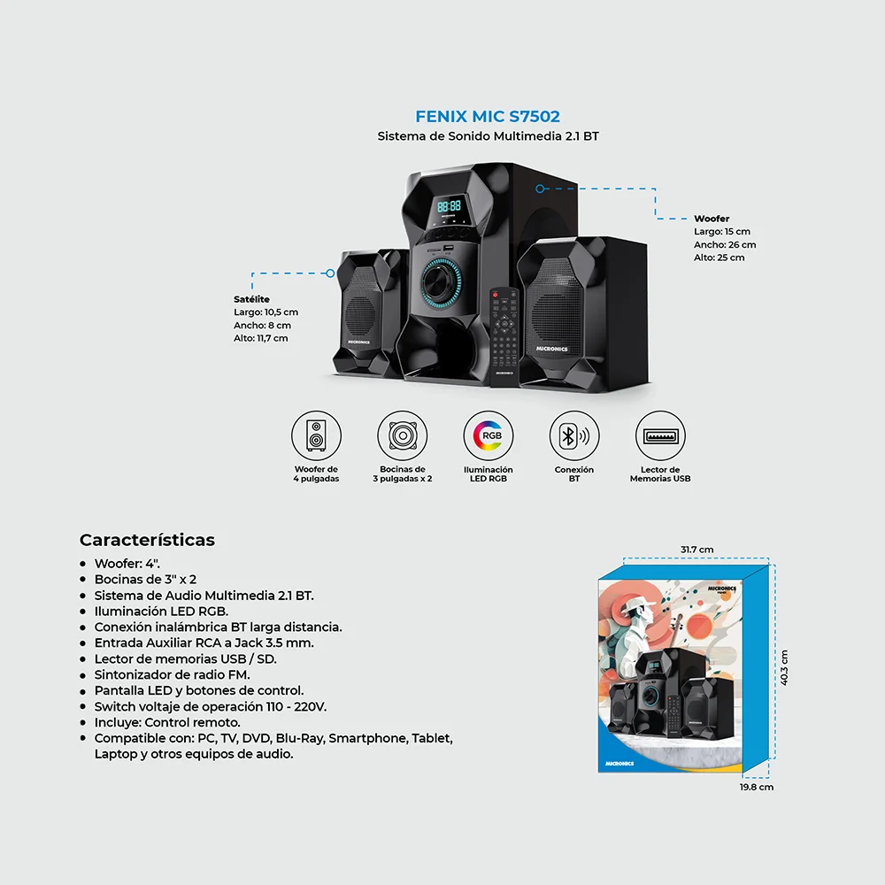 Sistema de audio 2.1 Micronics Fenix MIC S7502 con Bluetooth, LED RGB, woofer de 4", USB, microSD y radio FM