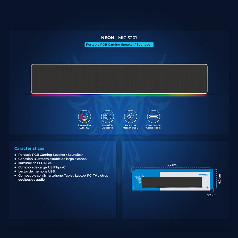 Barra de sonido portátil Micronics Neon MIC S201 con Bluetooth, iluminación LED RGB, USB y carga USB-C