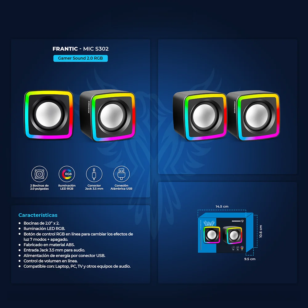 Parlantes Gamer 2.0 Micronics Frantic MIC S302 RGB 2.0" Jack 3.5mm USB