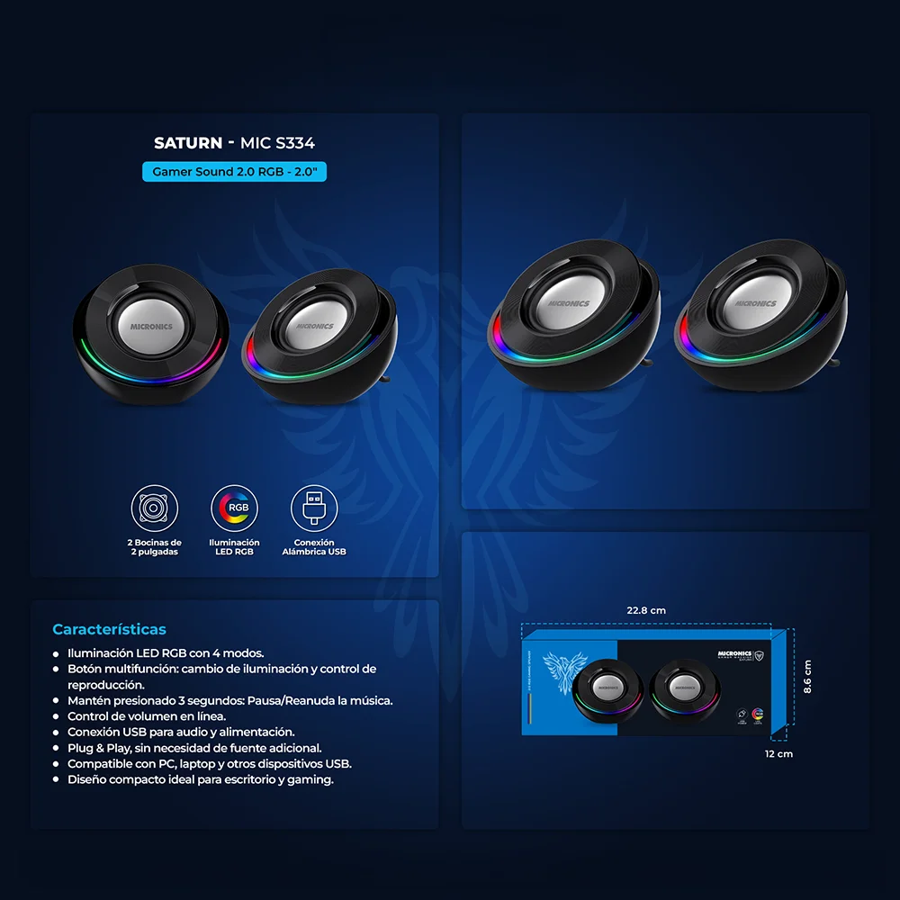 Parlantes Gamer 2.0 Micronics Saturn MIC S334 RGB 2.0" Conexión USB
