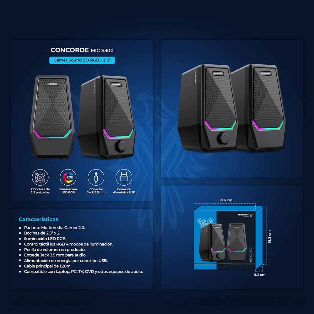 Parlantes Gamer 2.0 Micronics Concorde MIC S300 RGB Táctil 2.5" Jack 3.5mm USB