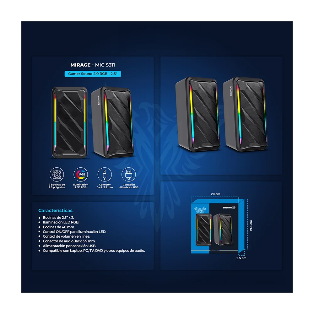 Parlantes Gamer 2.0 Micronics Mirage MIC S311 RGB 2.5" Jack 3.5mm USB